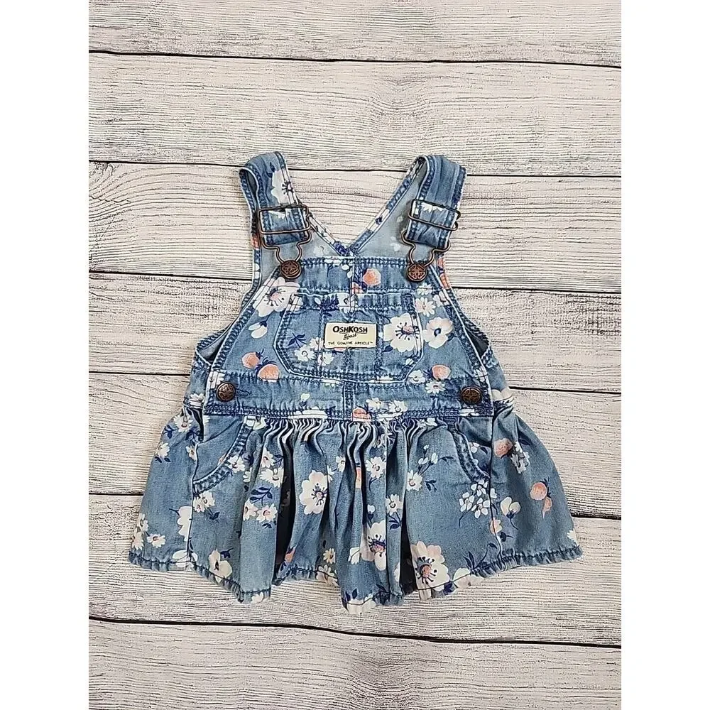 OshKosh B'Gosh Vestbak Overall Dress Girls Size 3-6 Months Blue Pink Floral